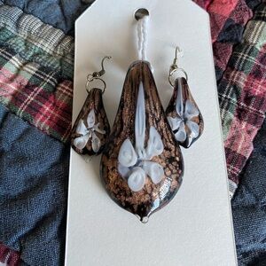 Glass Pendant with inset flowers and matching earrings